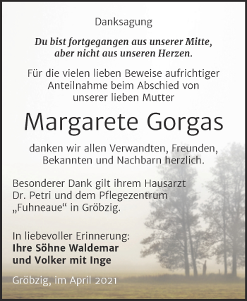 Traueranzeige von Margarete Gorgas von Mitteldeutsche Zeitung Köthen