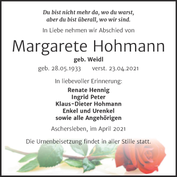 Traueranzeige von Margarete Hohmann von Trauerkombi Aschersleben