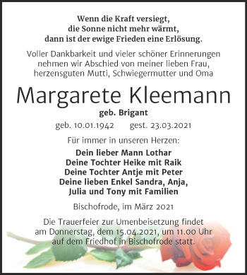 Traueranzeige von Margarete Kleemann von Mitteldeutsche Zeitung Mansfelder Land