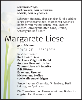 Traueranzeige von Margarete Liese von Mitteldeutsche Zeitung Sangerhausen