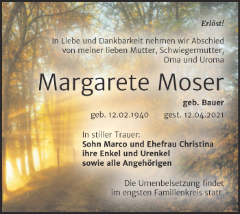 Traueranzeige von Margarete Moser von Mitteldeutsche Zeitung Mansfelder Land