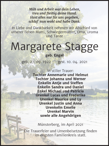 Traueranzeige von Margarete Stagge von Mitteldeutsche Zeitung Wittenberg