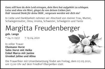 Traueranzeige von Margitta Freudenberger von Mitteldeutsche Zeitung Bernburg