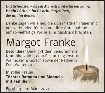 Traueranzeige von Margot Franke von Mitteldeutsche Zeitung Bernburg