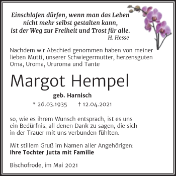 Traueranzeige von Margot Hempel von Trauerkombi Mansfelder Land