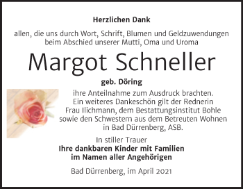 Traueranzeige von Margot Schneller von Trauerkombi Merseburg