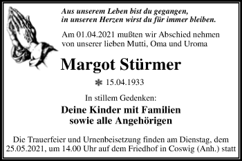 Traueranzeige von Margot Stürmer von Mitteldeutsche Zeitung Wittenberg
