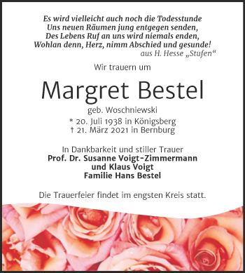 Traueranzeige von Margret Bestel von Mitteldeutsche Zeitung Bernburg