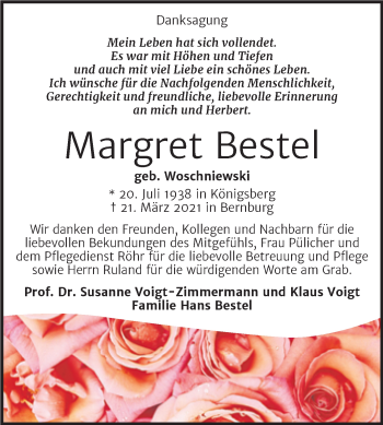 Traueranzeige von Margret Bestel von Trauerkombi Bernburg