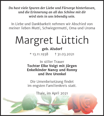 Traueranzeige von Margret Lüttich von Mitteldeutsche Zeitung Quedlingburg