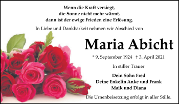 Traueranzeige von Maria Abicht von Mitteldeutsche Zeitung Bitterfeld