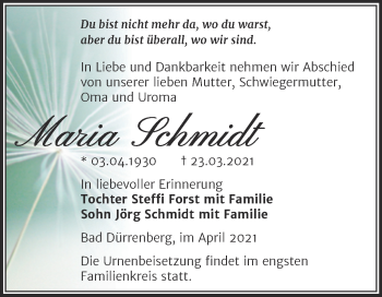 Traueranzeige von Maria Schmidt von Mitteldeutsche Zeitung Merseburg/Querfurt