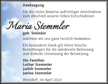 Traueranzeige von Maria Stemmler von Mitteldeutsche Zeitung Aschersleben