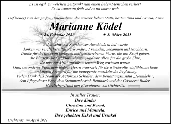 Traueranzeige von Marianne Ködel von Mitteldeutsche Zeitung Weißenfels