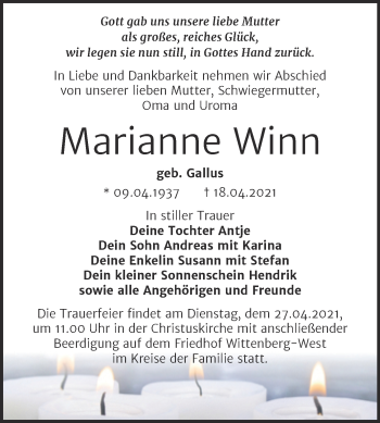 Traueranzeige von Marianne Winn von Mitteldeutsche Zeitung Wittenberg