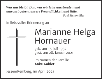 Traueranzeige von Marianne Helga Hornauer von Mitteldeutsche Zeitung Wittenberg