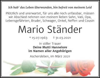 Traueranzeige von Mario Ständer von Mitteldeutsche Zeitung Aschersleben
