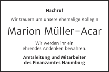 Traueranzeige von Marion Müller-Acar von Mitteldeutsche Zeitung Naumburg/Nebra