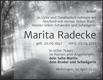 Traueranzeige von Marita Radecke von Mitteldeutsche Zeitung Aschersleben