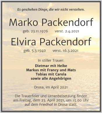 Traueranzeige von Marko und Elvira Packendorf von Mitteldeutsche Zeitung Köthen