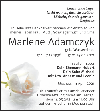 Traueranzeige von Marlene Adamczyk von Mitteldeutsche Zeitung Wittenberg
