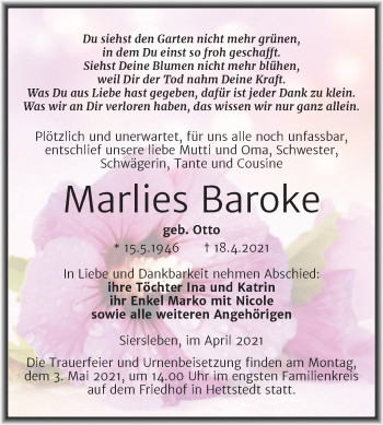 Traueranzeige von Marliese Baroke von Mitteldeutsche Zeitung Mansfelder Land