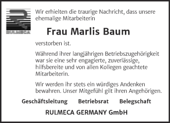 Traueranzeige von Marlis Baum von Super Sonntag Aschersleben