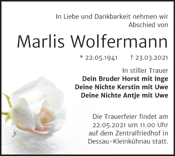 Traueranzeige von Marlis Wolfermann von Mitteldeutsche Zeitung Dessau-Roßlau