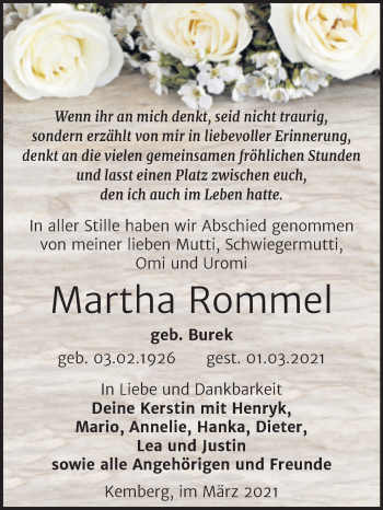 Traueranzeige von Martha Rommel von Mitteldeutsche Zeitung Wittenberg