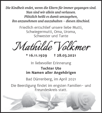Traueranzeige von Mathilde Volkmer von Mitteldeutsche Zeitung Merseburg/Querfurt