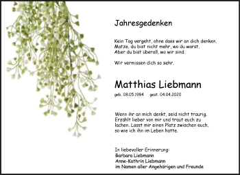 Traueranzeige von Matthias Liebmann von Mitteldeutsche Zeitung Wittenberg