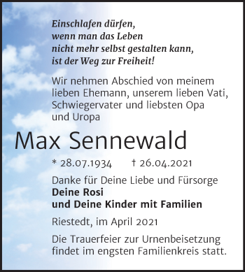 Traueranzeige von Max Sennewald von Trauerkombi Sangerhausen