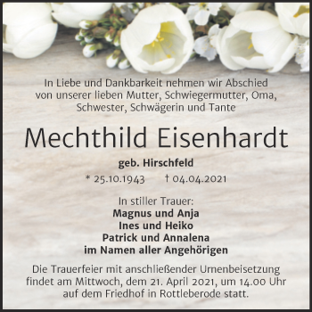 Traueranzeige von Mechthild Eisenhardt von Mitteldeutsche Zeitung Sangerhausen