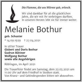 Traueranzeige von Melanie Bothur von Trauerkombi Mansfelder Land