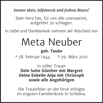 Traueranzeige von Meta Neuber von Trauerkombi Wittenberg