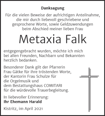 Traueranzeige von Metaxia Falk von Mitteldeutsche Zeitung Weißenfels