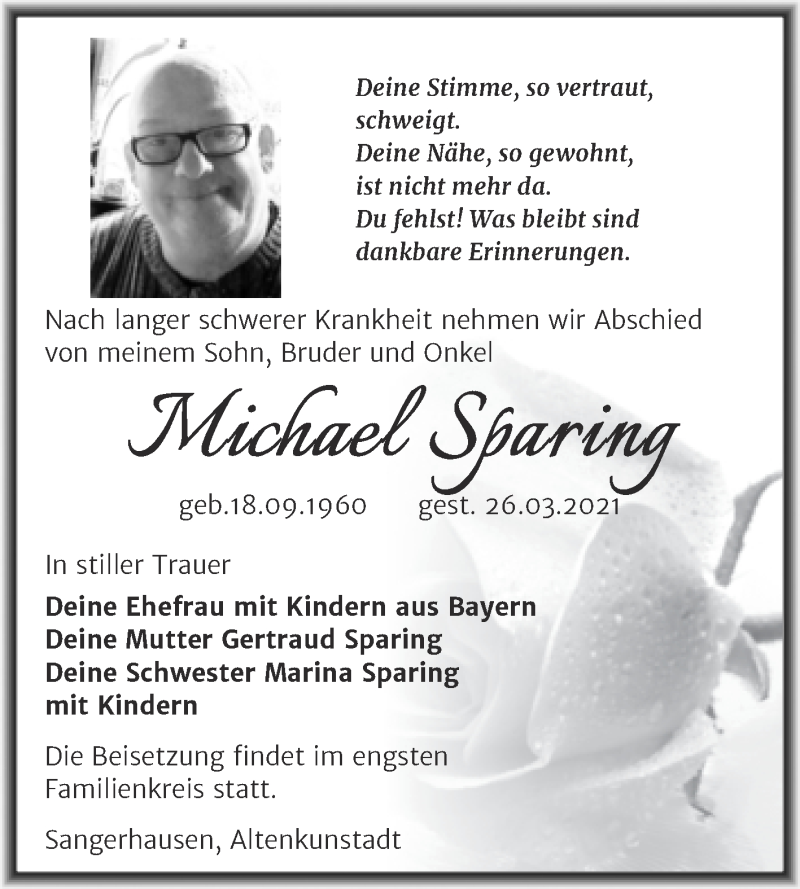  Traueranzeige für Michael Sparing vom 17.04.2021 aus Mitteldeutsche Zeitung Sangerhausen