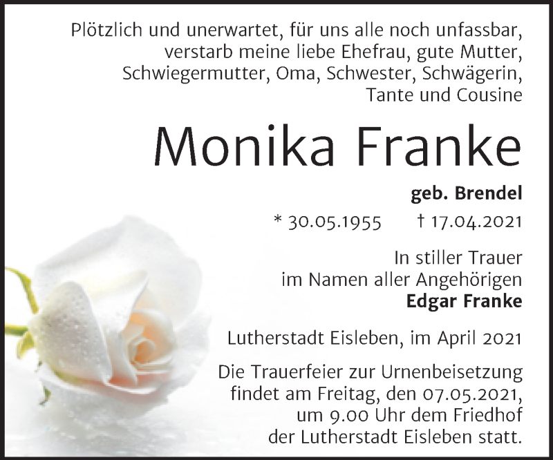  Traueranzeige für Monika Franke vom 30.04.2021 aus Trauerkombi Mansfelder Land