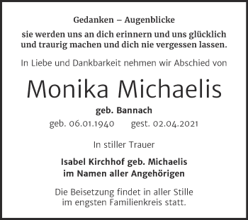 Traueranzeige von Monika Michaelis von Mitteldeutsche Zeitung Bitterfeld