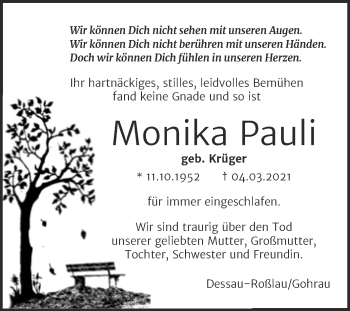 Traueranzeige von Monika Pauli von Mitteldeutsche Zeitung Dessau-Roßlau