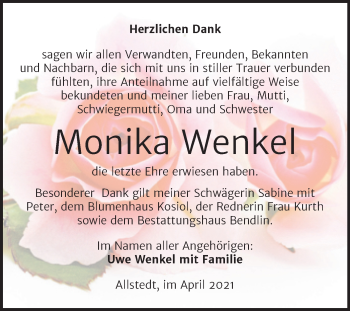 Traueranzeige von Monika Wenkel von Mitteldeutsche Zeitung Sangerhausen