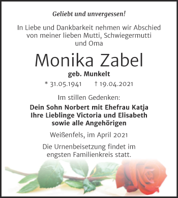 Traueranzeige von Monika Zabel von Mitteldeutsche Zeitung Weißenfels