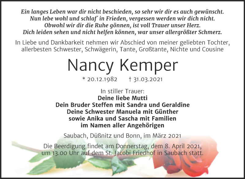  Traueranzeige für Nancy Kemper vom 03.04.2021 aus Mitteldeutsche Zeitung Naumburg/Nebra
