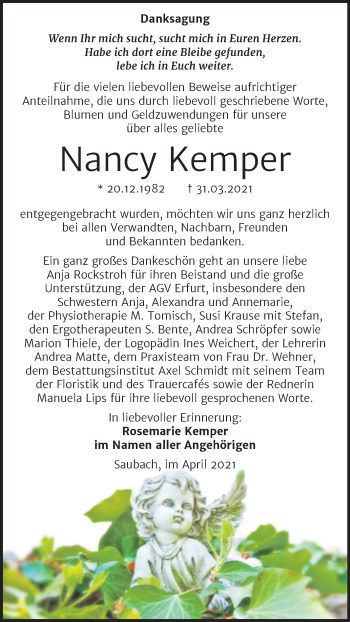 Traueranzeige von Nancy Kemper von Mitteldeutsche Zeitung Naumburg/Nebra
