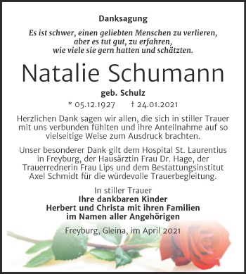 Traueranzeige von Natalie Schumann von Super Sonntag Naumburg/Nebra