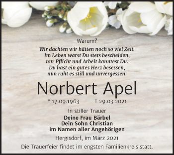 Traueranzeige von Norbert Apel von Mitteldeutsche Zeitung Mansfelder Land