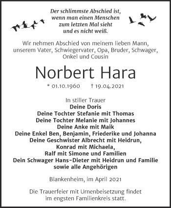 Traueranzeige von Norbert Hara von Trauerkombi Sangerhausen
