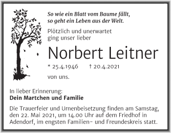 Traueranzeige von Norbert Leitner von Trauerkombi Mansfelder Land