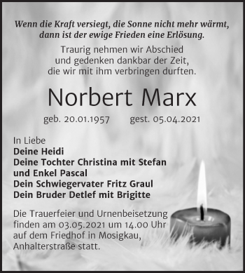 Traueranzeige von Norbert Marx von Mitteldeutsche Zeitung Dessau-Roßlau