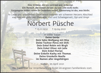Traueranzeige von Norbert Püsche von Trauerkombi Köthen